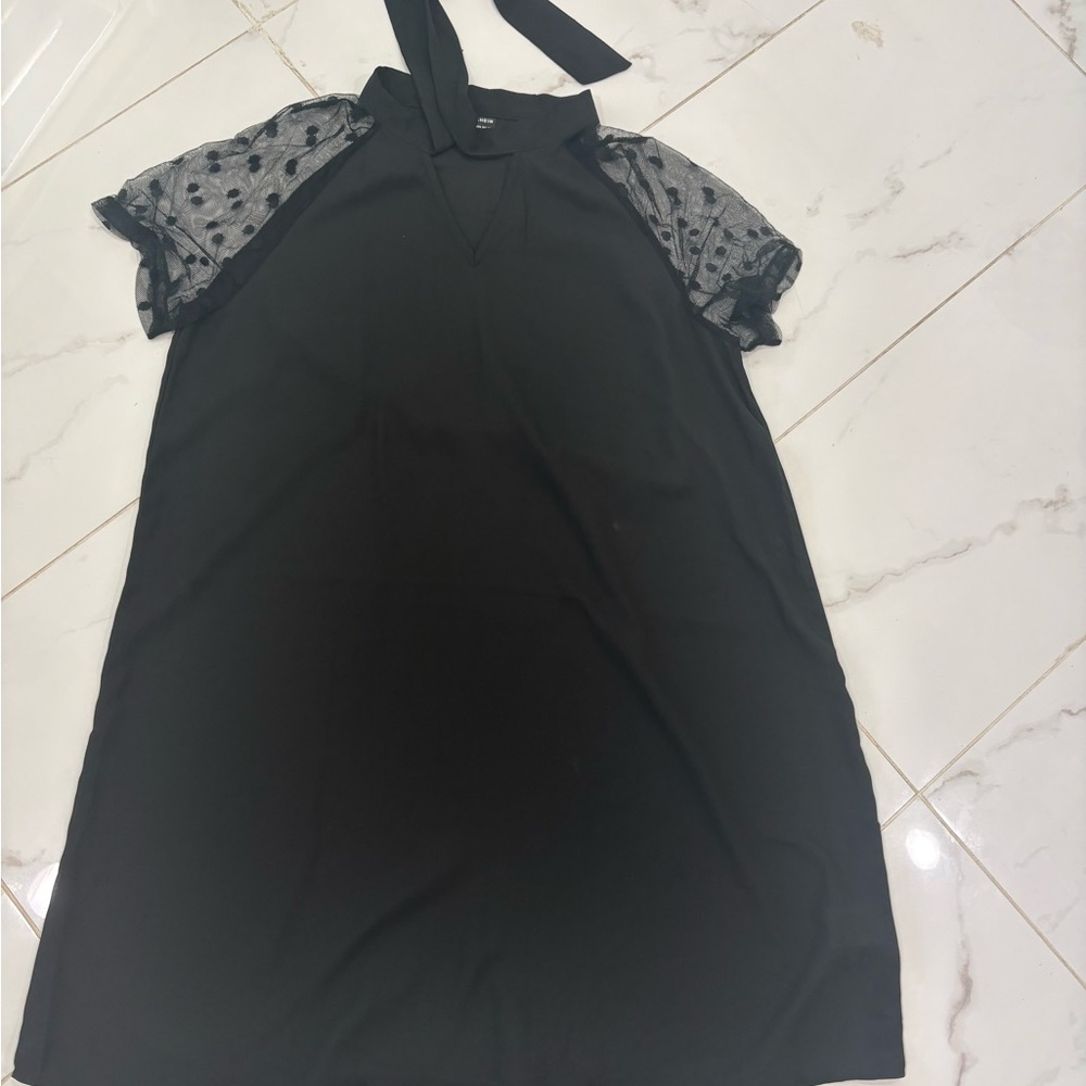 Black Dress with Sheer Polka Dot Sleeves
